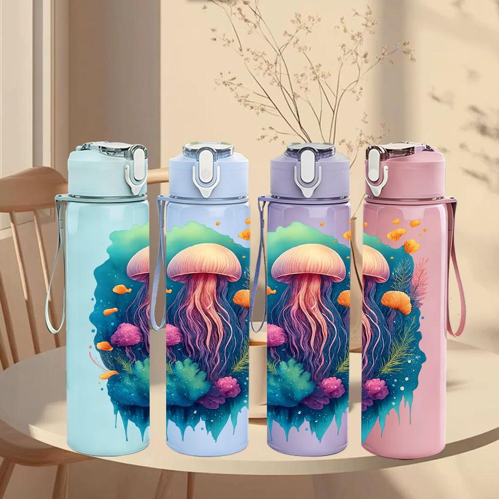 1PC Colorful Jellyfish Art 750ml Color Plastic Sports Water Bottle Leakproof Flip Straw Lid Suitable for Sports Office Home Use
