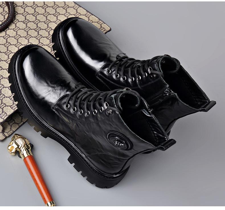 Men's Trendy Wool-Lined Cowhide High-Top Martin Boots with Side Zipper - Casual and Warm.