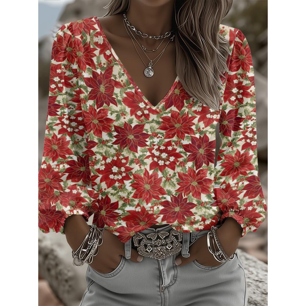 New V-neck floral print shirt, a vintage and sweet style that exudes a youthful vibe. Suitable for both daily commutes and casual outings.