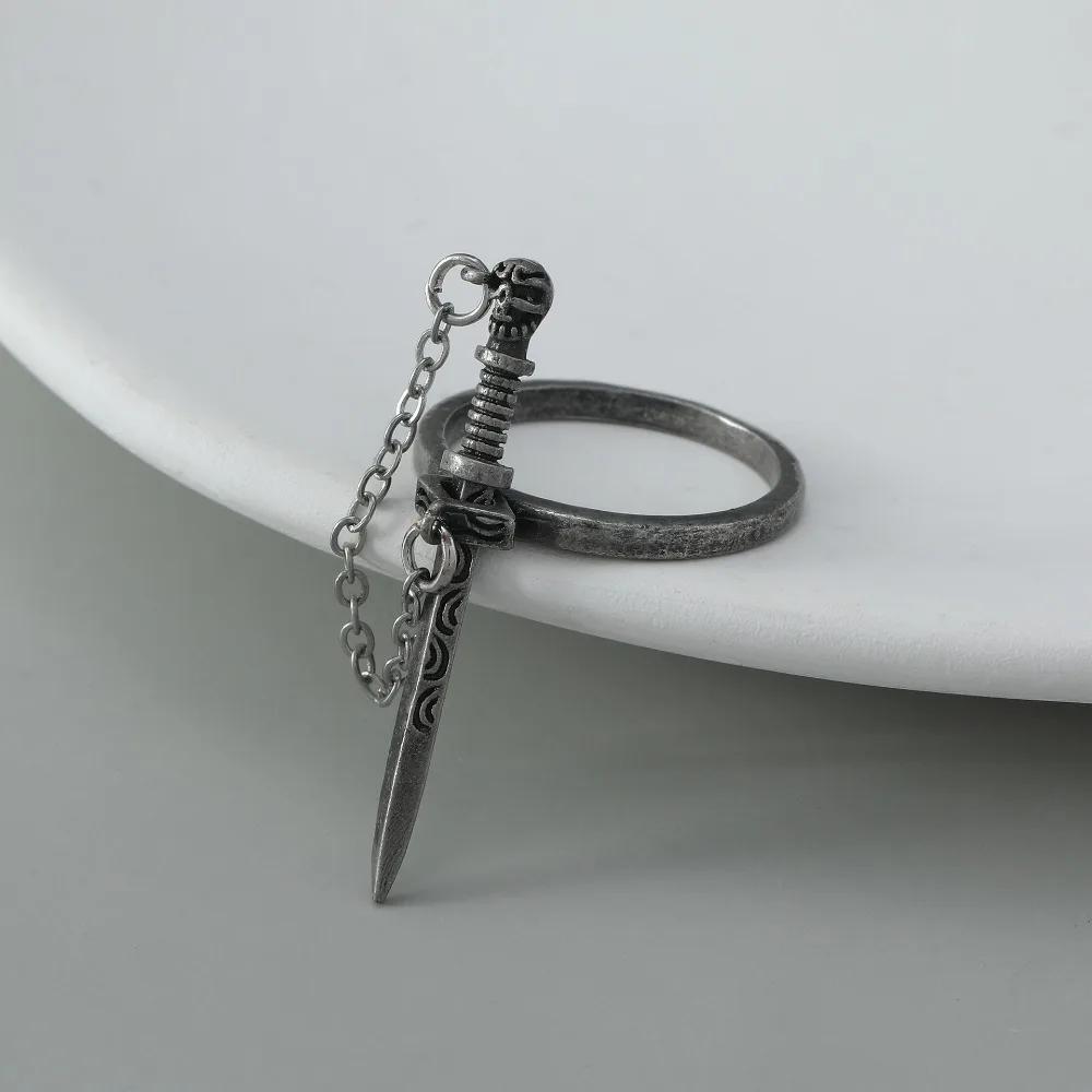 Goth Dark Style Black Cross Sword Rings for Women Vintage Stainless Steel Chain Skull Tassel Rings Punk Jewelry Personal Gift