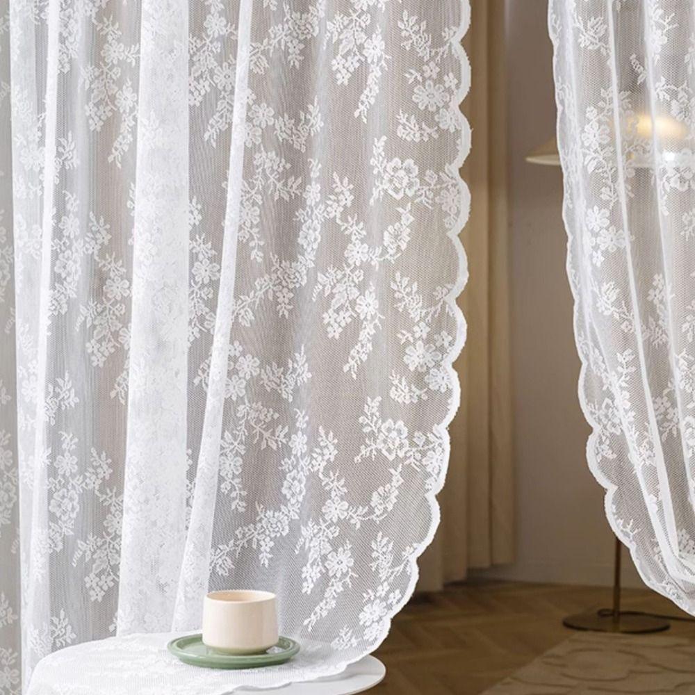 Embroidery Floral Lace Curtain Wavy Edge Sheer Curtain Romantic Door Curtain  Living Room