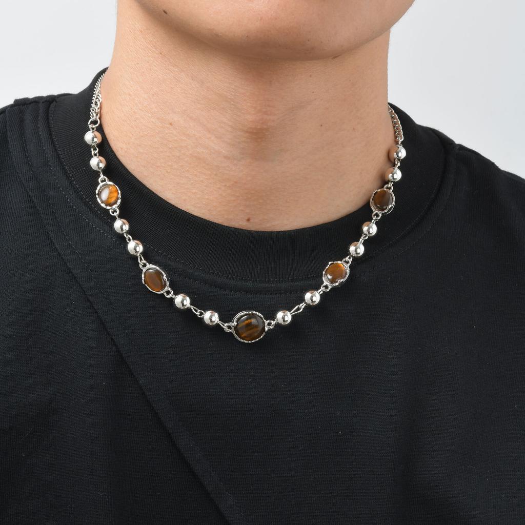 Tiger Eye Beaded Necklace for Men Boys,Hip Hop Natuiral Brown Stone Splicing Metal Beaded Collars,Cool Rock Punk Jewelry Gifts
