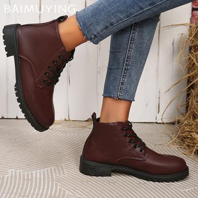 Winter Damen Stiefeletten Leder Flats Designer Schnürschuhe 2024 Trend Neue Marke Klassische Motorradstiefel Goth Botas De Mujer