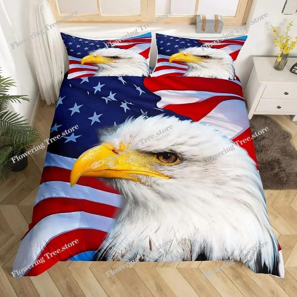 Africa Duvet Cover Set, Aerial View of Bald Eagle Flying USA, Decorative Bedding Set , Full King Size