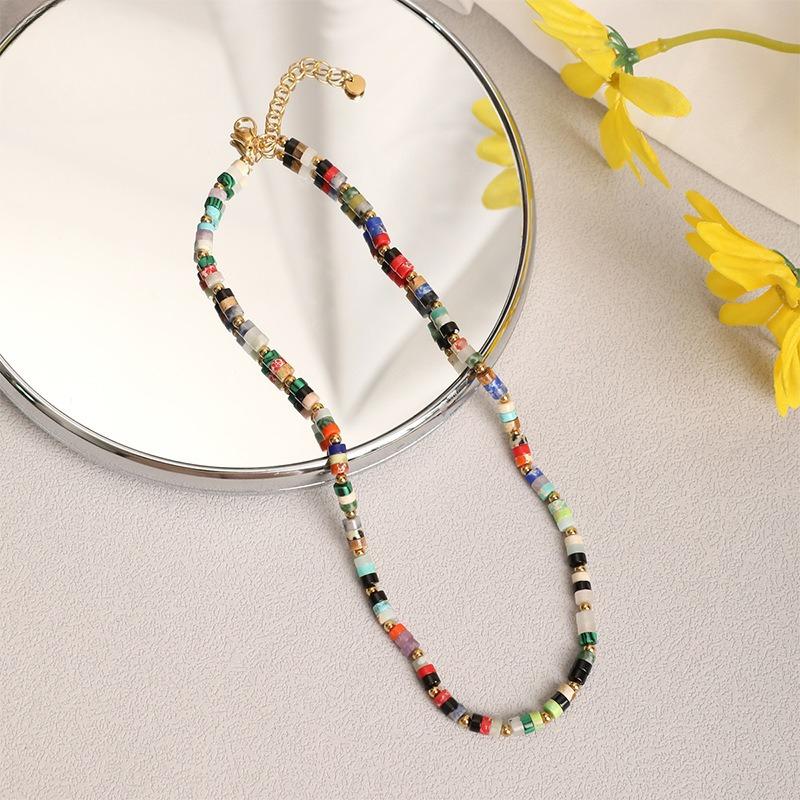 GEMCHIC Women s Bohemian Multi-Color Natural Stone Beaded Necklace, Geometric Titanium Steel Collarbone Chain for Vacation