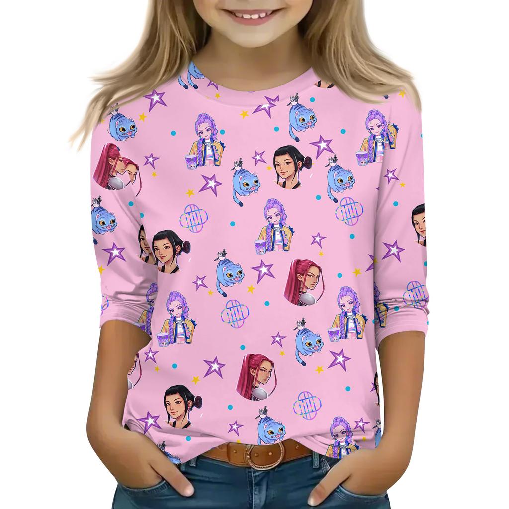 Druck-Tops für junge Mädchen 4-11 Jahre Rundhals 3/4-Ärmel T-Shirts Trendige Tops Outfit T-Shirts