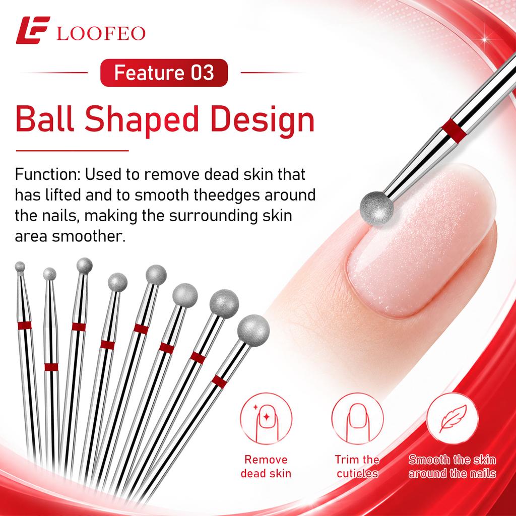 Ball Diamond Nail Drill Bit Set 1.5/2/2.5/3/3.5/4/4.5/5mm Red Fine Nail Milling Cutters Nail File Bit Sets Nail Prep Dead Skin Removal Shaping