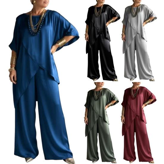 Damen 2-teilige Satin-Outfits Halbarm Asymmetrischer Saum Oberteil Weite Hosen Sets Sommer Lockere Lounge-Sets