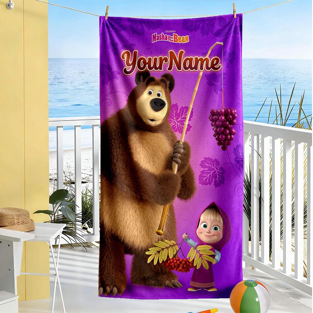 Masha Bear Customized Name Beach Towel Soft Durable Quick-Dry For Beach Bathroom Outdoor Swimming Pool Camping Picnic Yoga Diving Vacation Accessories