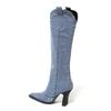 Winter New Square Toe Denim High Heel Fashion Boots 2025 Thick Heel Western Knight Boots for Women