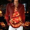 Women's Casual Christmas Print Button Down Long Sleeve Collared Blouse Top with Side Slits