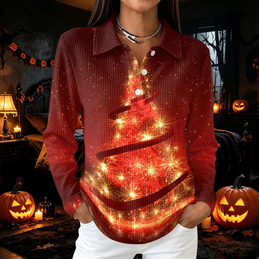 Women's Casual Christmas Print Button Down Long Sleeve Collared Blouse Top with Side Slits