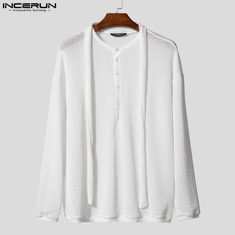 INCERUN Nadměrné Pánské Zavazovací Dlouhý Rukáv Zapínání na Knoflíky Síťované Průhledné Vykrojené Trička Topy
