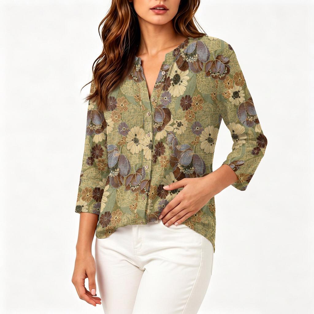 Women Vintage Floral Print Henley Button Neck Shirt Three Quarter Sleeve Linen Cotton Blouse Casual Loose Fit Top for Everyday Wear