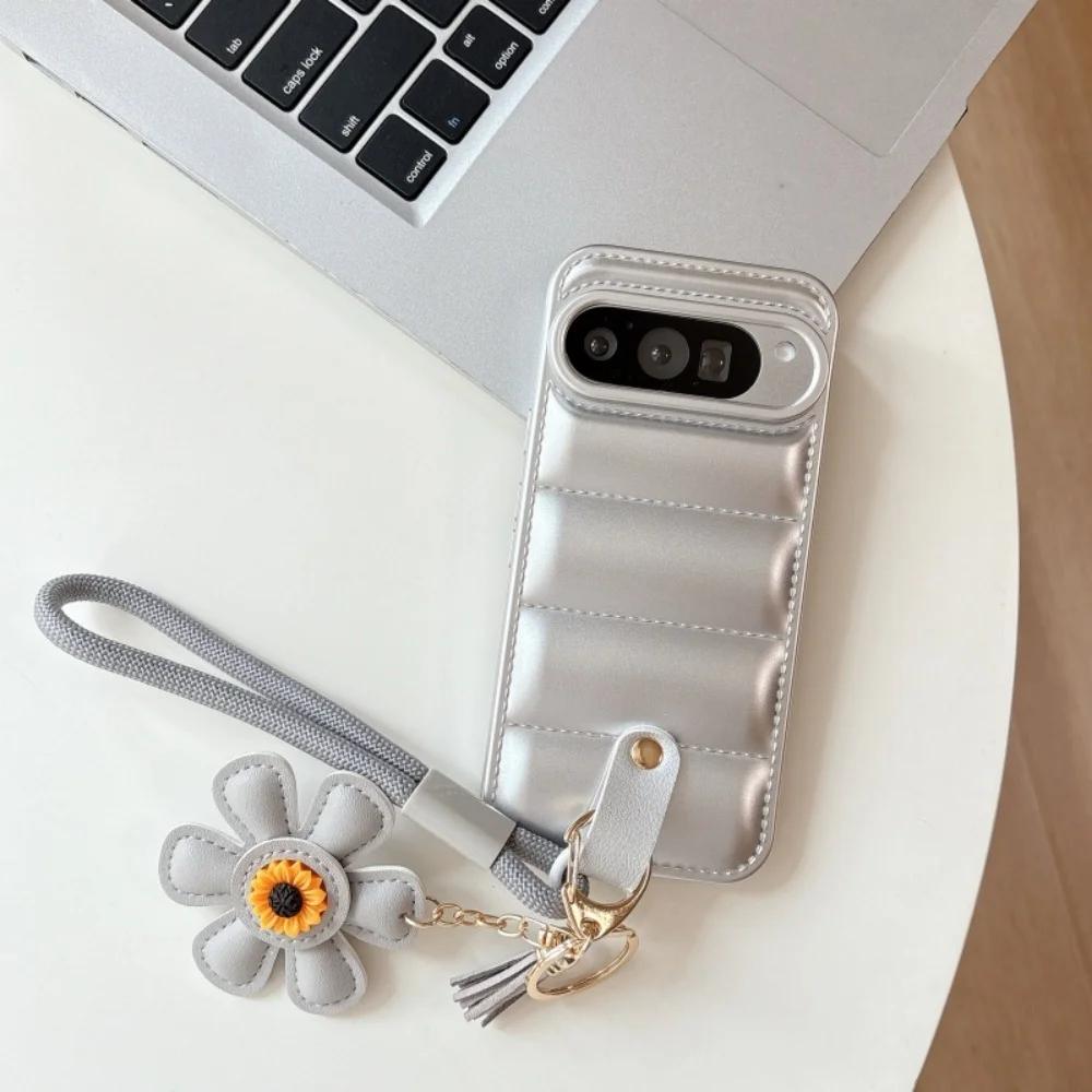 

Cartoon Sunflower Down Jacket Lanyard Phone Case for Google Pixel 5 6 7 8 9 10 Pro 9A 7A 6A 5A Hand Wrist Strap Soft TPU Cover Google Pixel 9