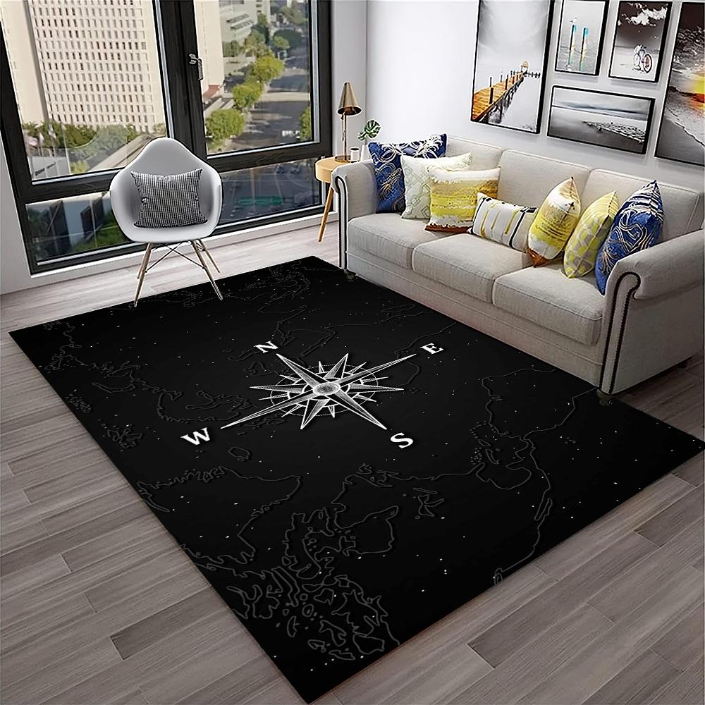 Retro Kompass Navigationskarte Teppich für Zuhause Wohnzimmer Schlafzimmer Sofa Fußmatte Dekor, Kinderspielbereich Teppich Rutschfeste Bodenmatte
