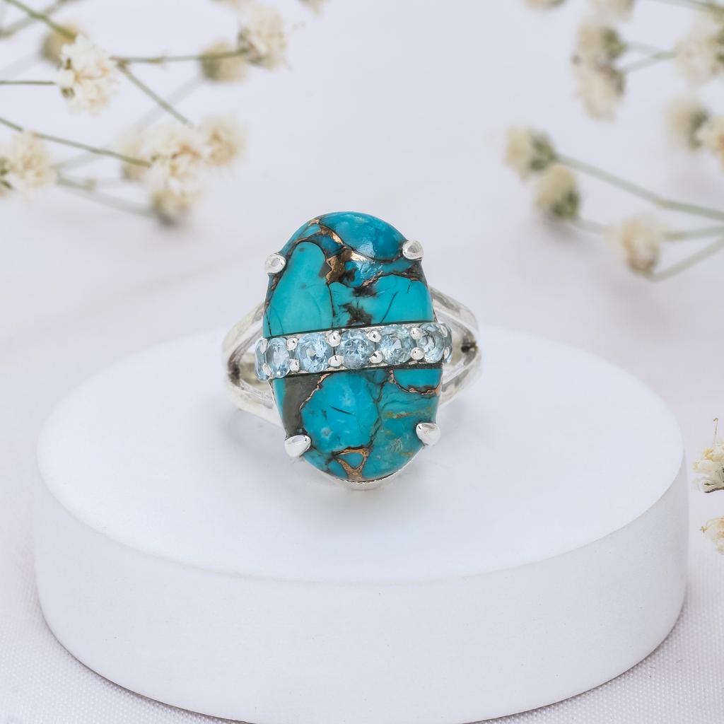 Unique Women's 925 Sterling Silver Oval Gemstone Statement Ring – Mojave Turquoise, Green Onyx or Rose Quartz with Faceted Accent Stones
