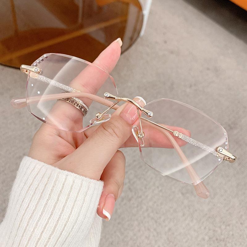 Luxury Pink Color Rimless Reading Glasses Female Square Frame Diamond Cut Presbyopia Anti-blue Far Sight Eyeglasses for Women