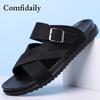 Men Simple Beige Flats Slippers Summer Brown Roman Sandals Retro Black Leather Wide Head Beach Shoes Plus Size