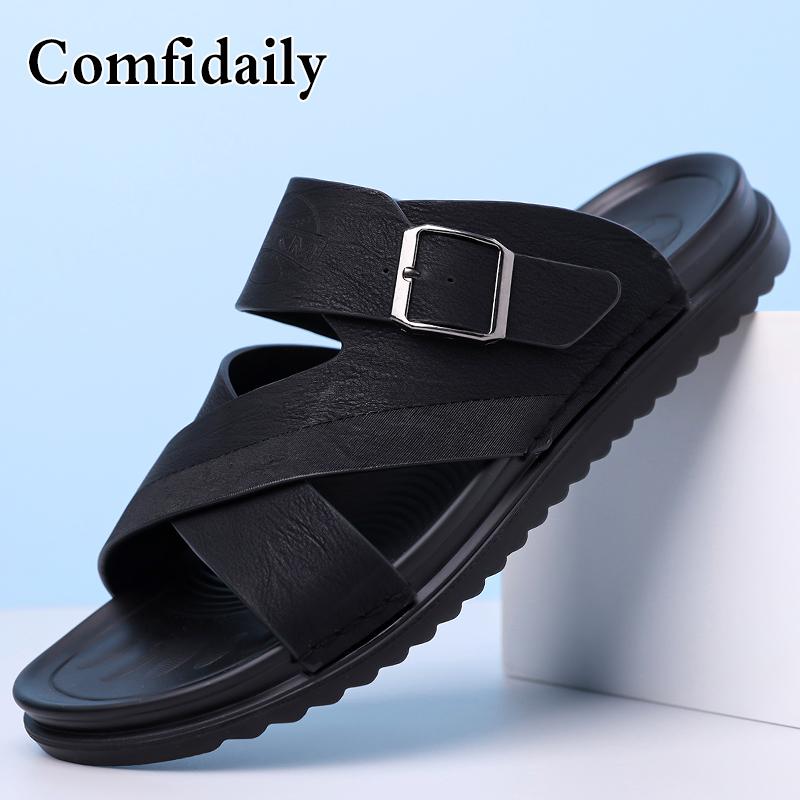 Men Simple Beige Flats Slippers Summer Brown Roman Sandals Retro Black Leather Wide Head Beach Shoes Plus Size