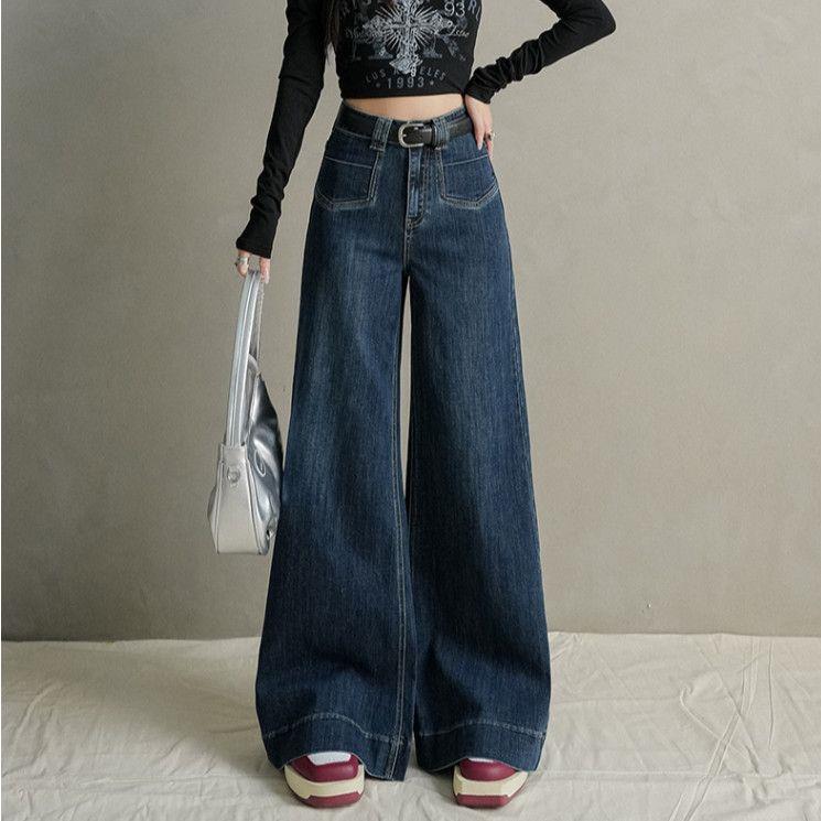 

Spring 2026 Women s Dark Blue High-Waisted Micro-Flare Jeans: Floor-Length, Loose American Style with a Wide-Leg Bell-Bottom Design. Large