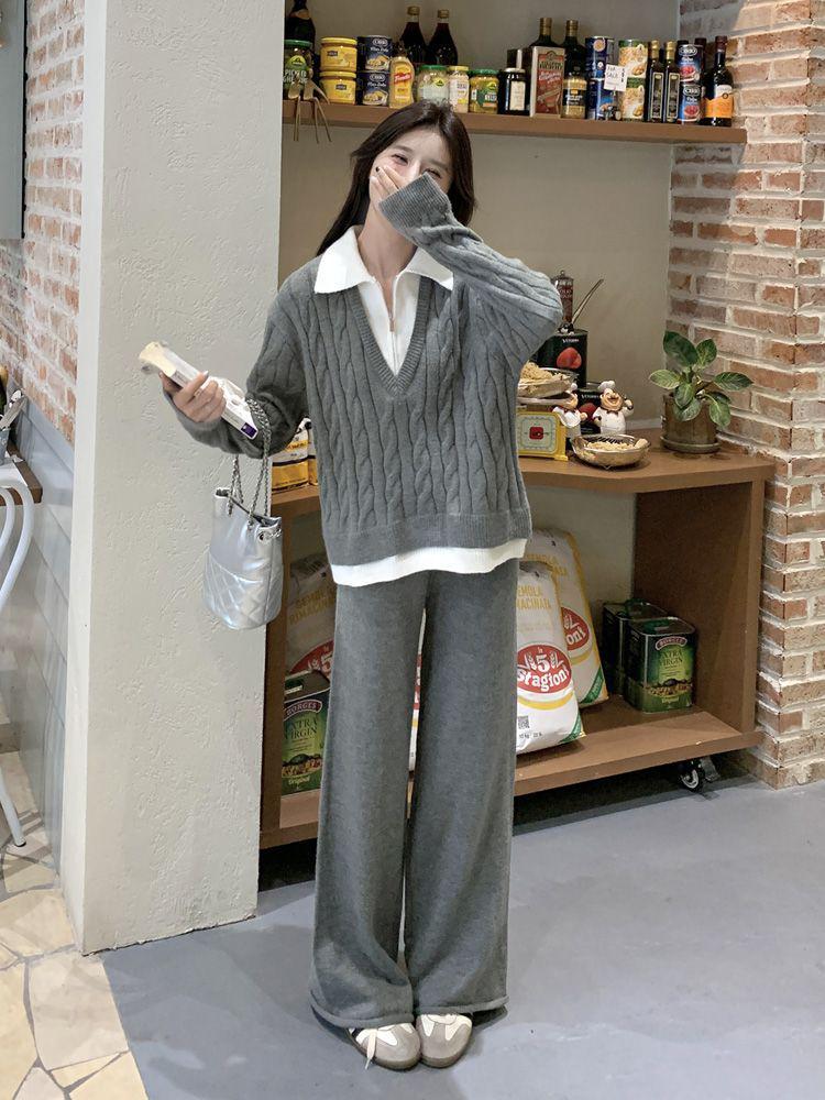 Chic Patchwork Gray Two-Piece Sweater Set: Women's Autumn/Winter Knit Top & Casual Pants