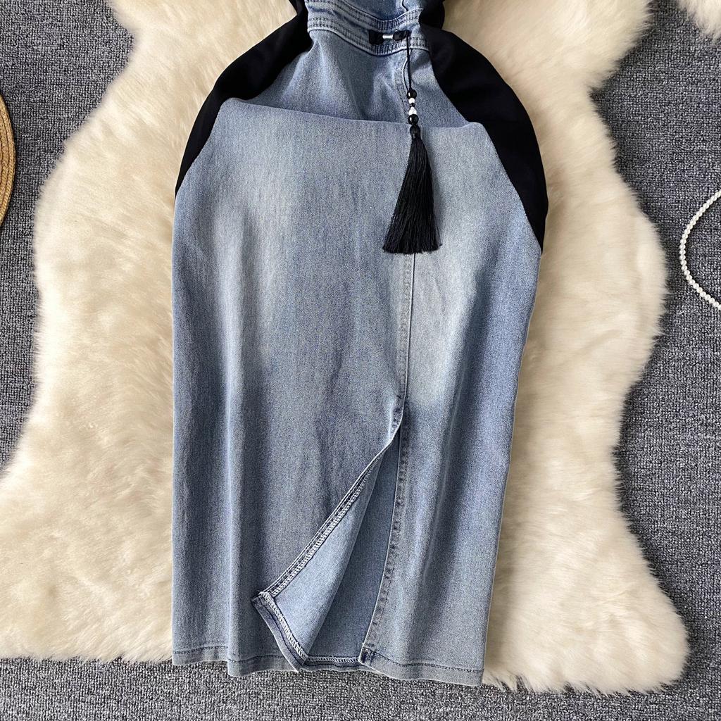 Vintage dámské dlouhé džínové šaty s výšivkou v pase s děleným bokem