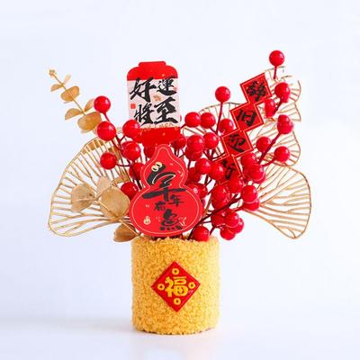 Creative New Year Lucky Decoration Chinese Style Simulated Blessing Flower Bucket Traditional Fake Flower Bucket