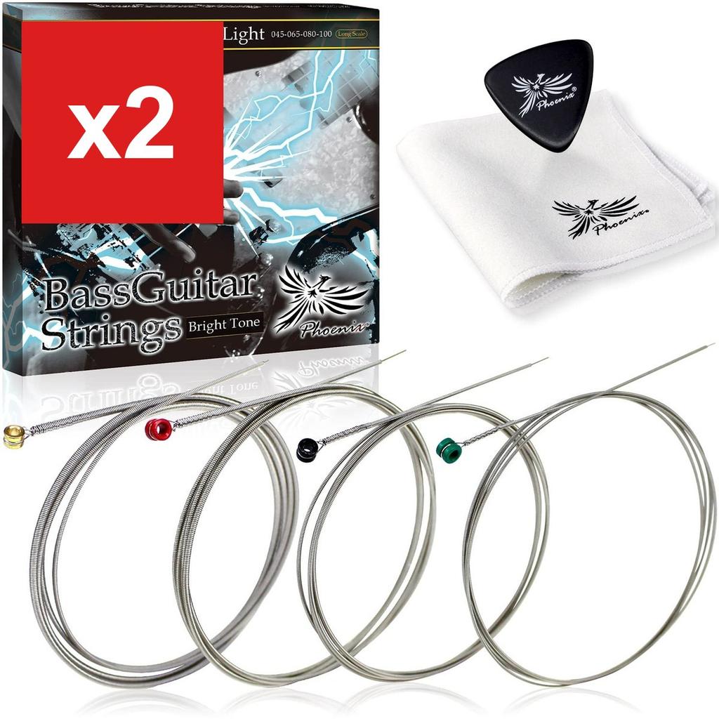 PHOENIX 4-String Bass Guitar Strings, Long Scale, Regular Light, with Cleaning Cloth & Pick