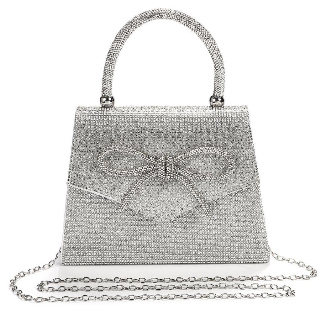Harugio Sparkly Rhinestone Party Bag, Chain Bag, Women's, Small Mini Shoulder Bag, Handbag, Pouch, Ribbon, Silver, Stylish and Cute, Perfect for