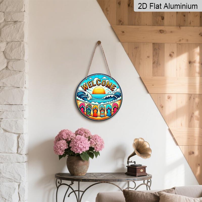 2D Flat Summer Beach "Welcome" Aluminum Decorative Signs and Plaques in Various Sizes. Flip-flop Summer Wave Pattern Wall Decorations Suitable for