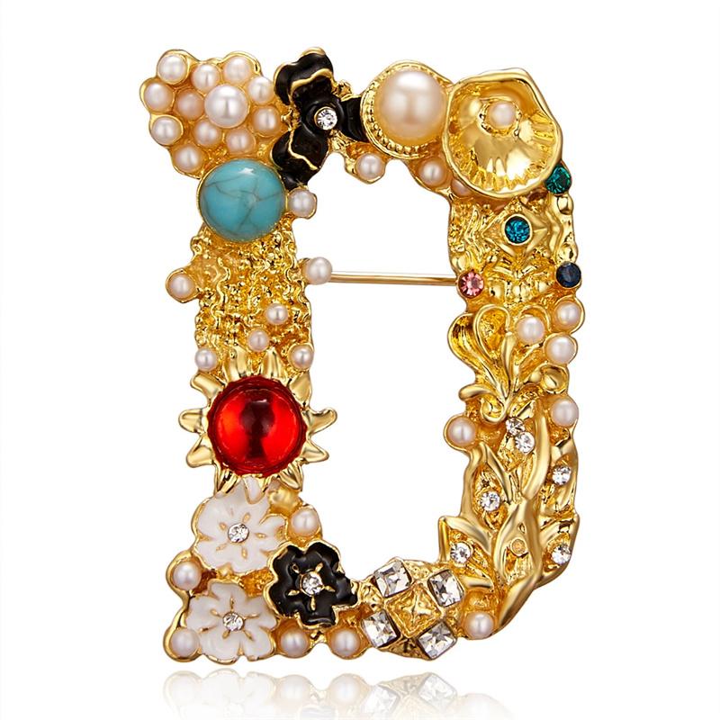 Vintage Letter A D G S M Enamel Imitation Pearls Brooches Women Baroque Alphabet Initial Pins Wedding Jewelry