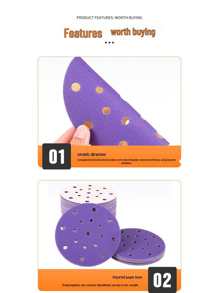 Purple 17-Hole Self-Adhesive Velvet Sandpaper for Auto Polishing, 6-Inch
