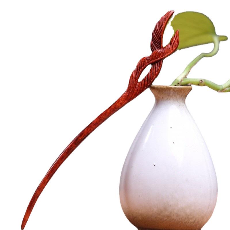 Red Sandalwood Women's Retro Hanfu Hairpins: Hollow Carved Moon Rabbit Wooden Ornaments