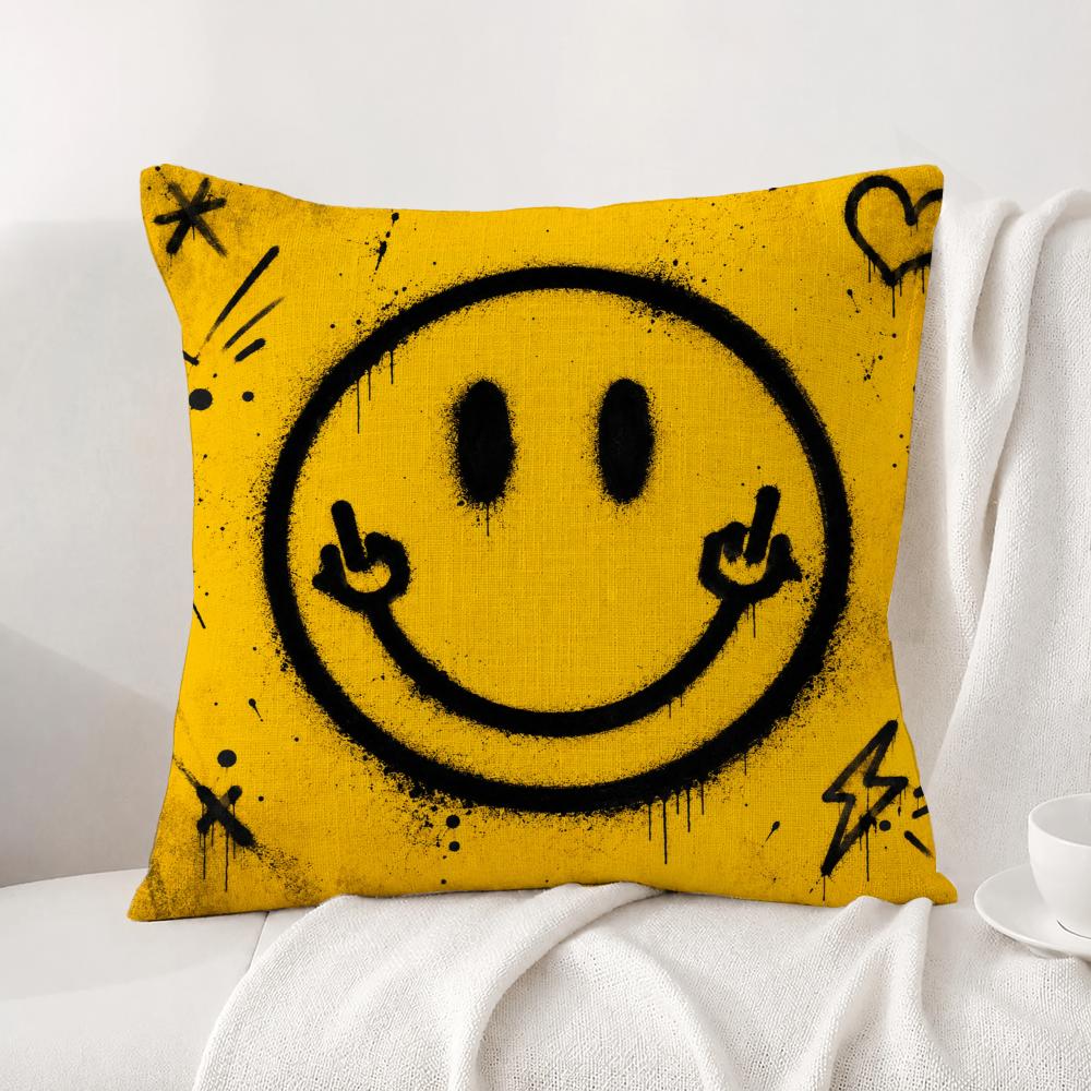 Symbol Smile Face Cushion Cover Natural Linen Pillowcase Set AllinOne Decor Cushion Cover for Sofa Bedroom Chair