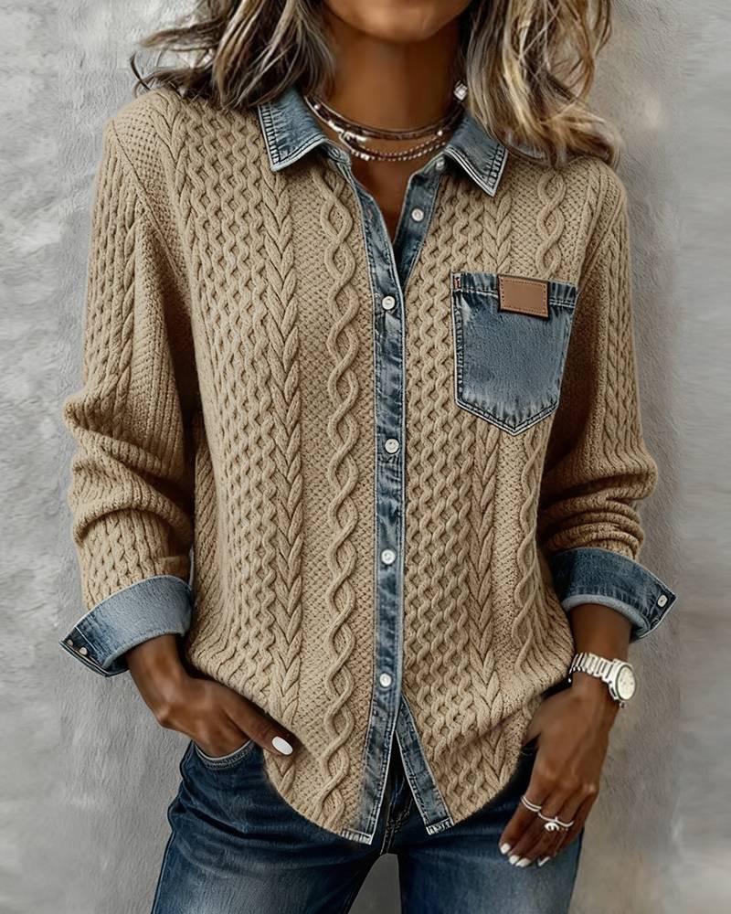 European Style Knit Patchwork Denim Shirt - Women's Autumn/Winter Long Sleeve Cardigan