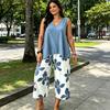 Damskie Zestawy 2-częściowe Plus Size Bez rękawów Dekolt V Top na ramiączkach i Spodnie Cropped w kwiaty Zestaw Letnie Stroje do wypoczynku