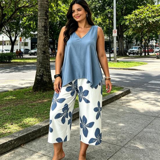 Damskie Zestawy 2-częściowe Plus Size Bez rękawów Dekolt V Top na ramiączkach i Spodnie Cropped w kwiaty Zestaw Letnie Stroje do wypoczynku