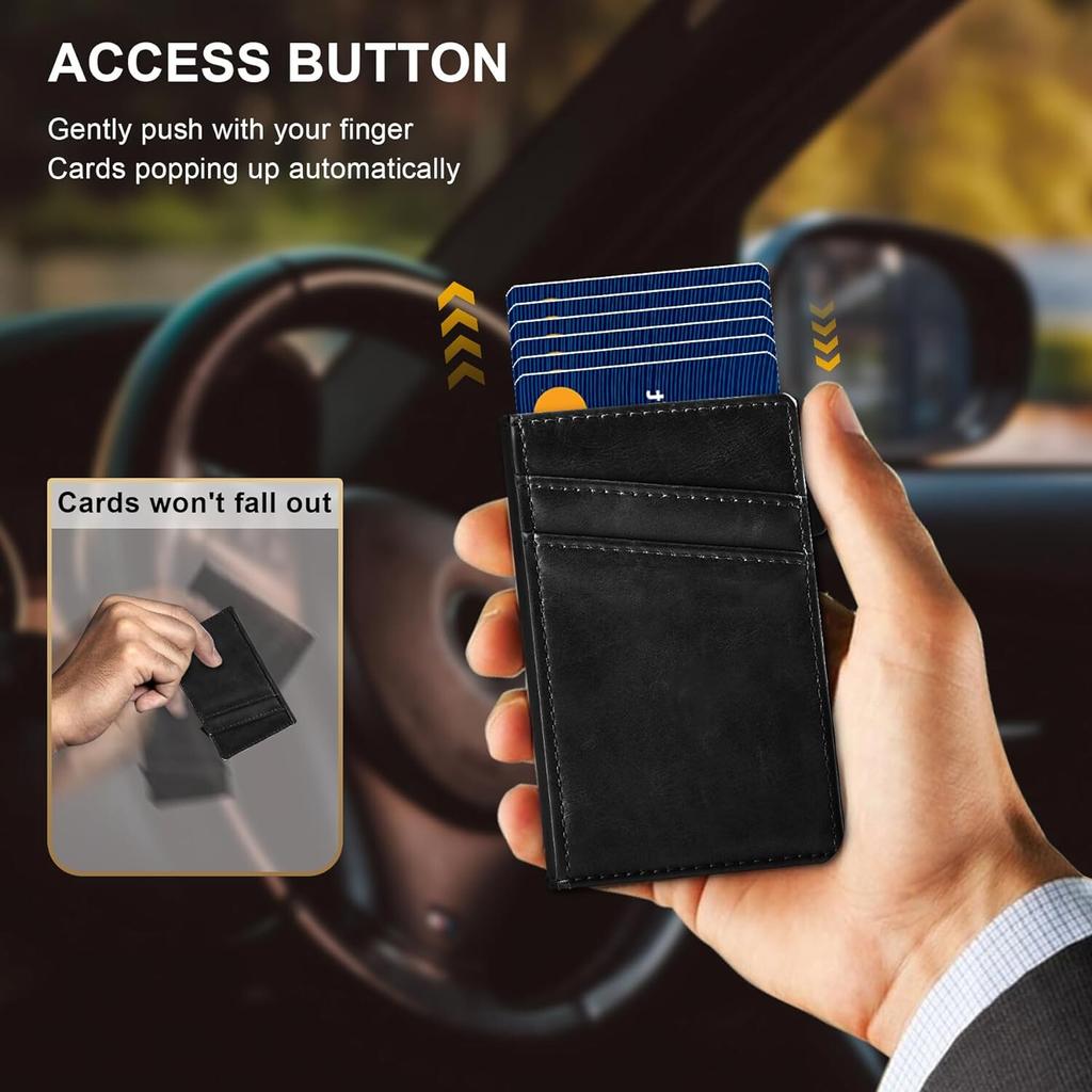 New's Side Push Pop Up Suport card Carduri Portofel subțire din piele din fibră de carbon Protecție RFID Până la 9 carduri Husă pentru carduri din aliaj de aluminiu