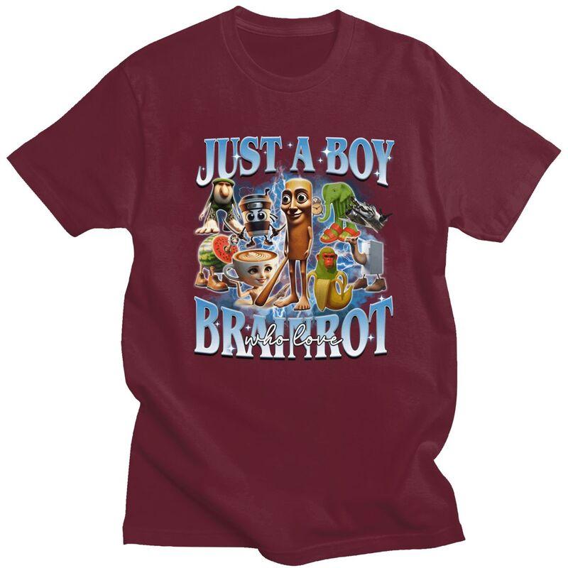 Just A Boy Brainrot Who Love Meme T Shirt for Men 100 Cotton Tshirt Casual Streetwaer Short Sleeve Tee Shirt Clothing Gift