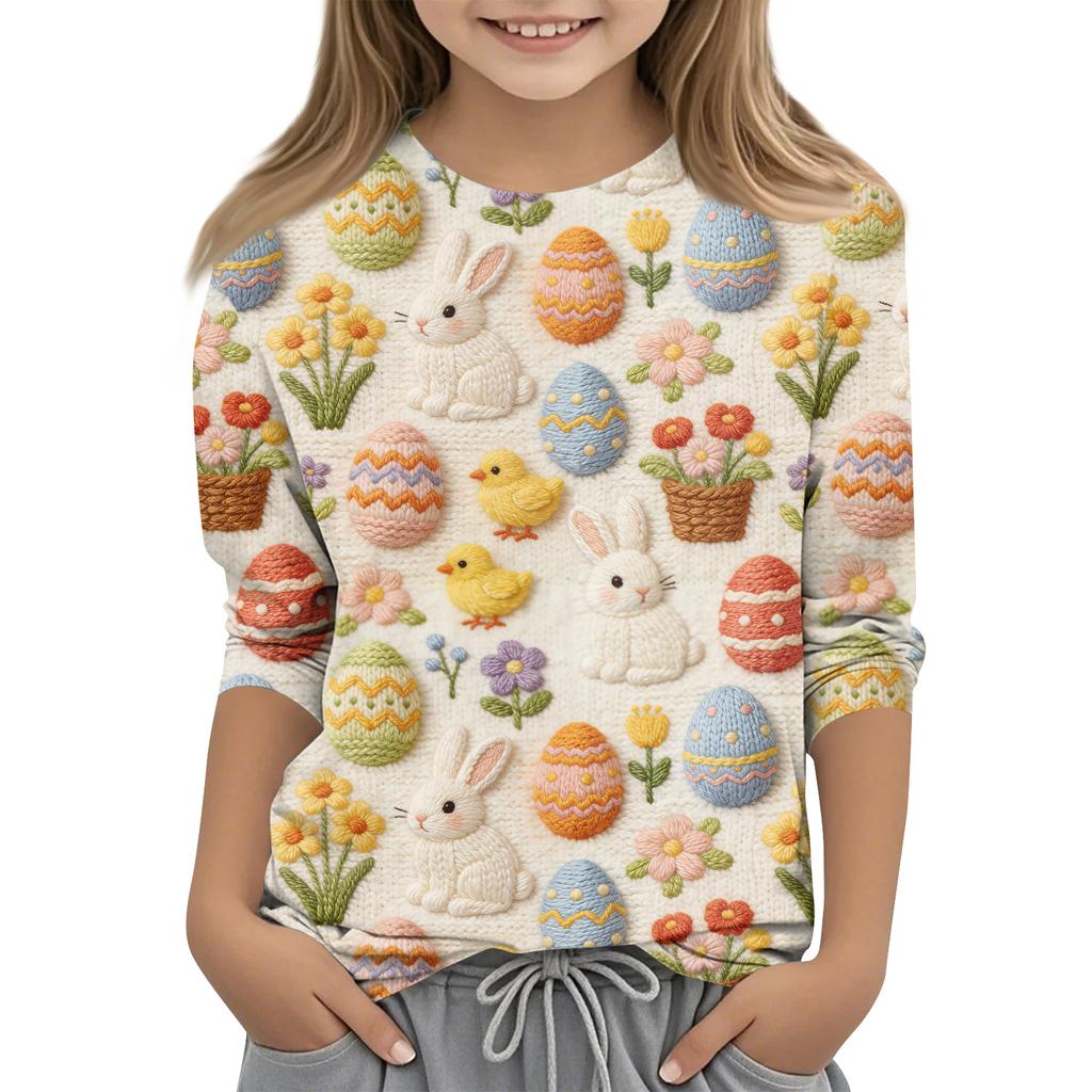 Haut décontracté pour enfants à manches sept-quarts, imprimé Pâques, col rond, imprimé