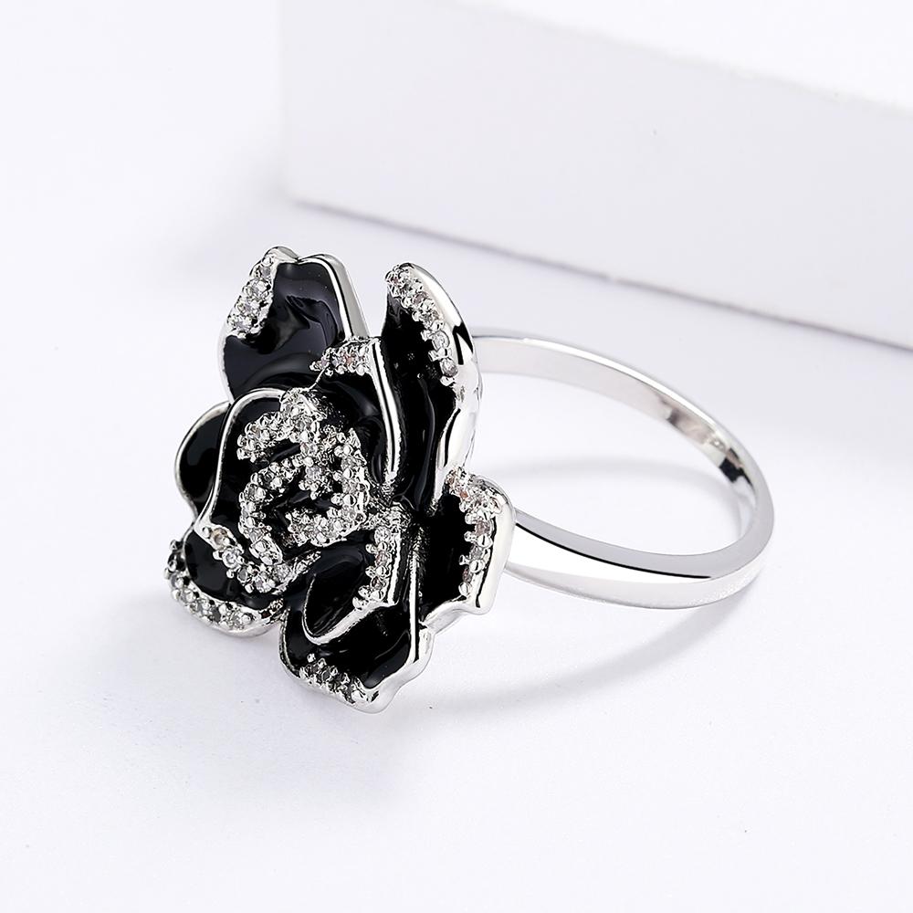 925   Exquisite Enamel Drip Oil Color Black Flower Ring For Ladies Party Wedding Jewelry Gift