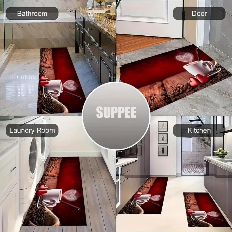 1 Stück Küchenteppich mit Liebeskaffee-Aufdruck, Holzbrett-Muster, Schwamm-Küchenmatte für Boden, rutschfester Flurteppich, rutschfeste Bodenmatte für Kinder