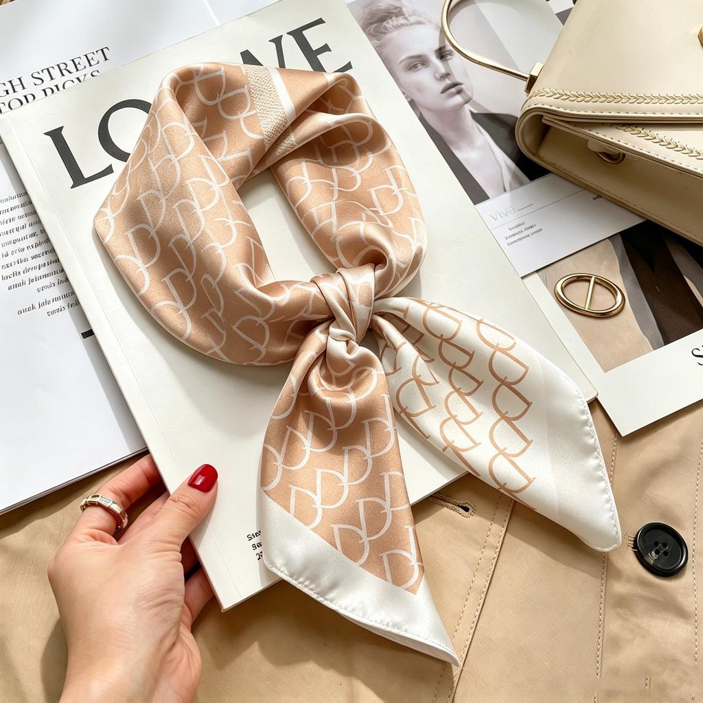 Commuter elegant flower silk scarf women's contrasting color retro printing satin scarf shirt with multi-purpose decorative small scarf
