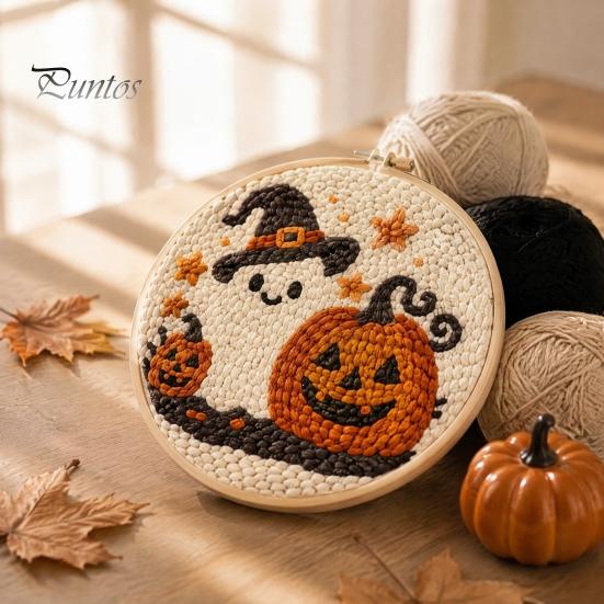 Holiday Gift for Craft Enthusiasts Halloween Punch Needle Kit, Pumpkin Ghost Kit with Complete Yarn Crafting Package Embroidery Hoop, Easy Art Project