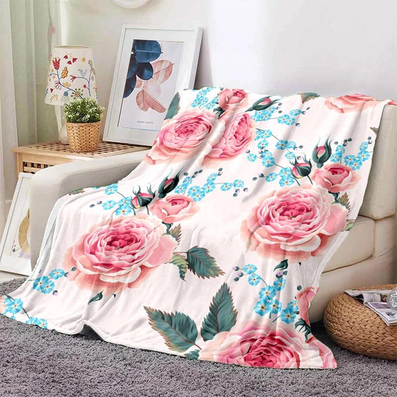 Pink Rose Flowers Printed Blanket for Sofa Bed Travel Camping Living Room Office Conditioning Blanket for All Seasons Gifts