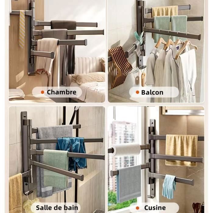 Porte-Serviettes Salle de Bain 5 Barres 180°Rotatives Sèche-Serviettes Porte Serviette Murale pour Salle de Bain Cuisine - Noir