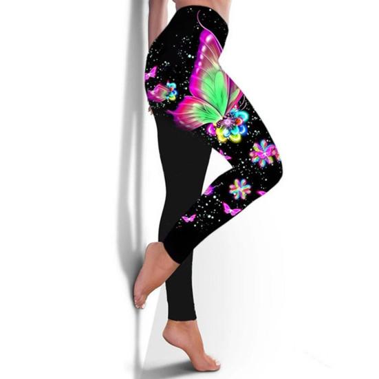 Leggings da donna a vita alta multicolore con stampa farfalla, sollevamento fianchi, elasticizzati, skinny, pantaloni per lo sport