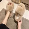 Fashion Fur Shoes Ladies' Slippers Fretwork Heels Big Size Beige Heeled Sandals Plush Soft Black Massage Flat Casual Slides Solid