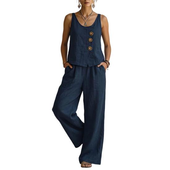 Yousheng Sleeveless 2 Piece Sets for Women, Buttons Crew Neck Tank Top And Wide Legs Pants Matching Sets, Summer Loose Lounge Outfits
